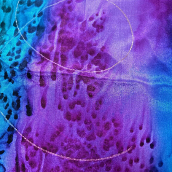 Artisan Hand Painted Pure Silk Scarf Gem Tone Colors Gold Swirls Long Rectangle - Picture 7 of 11